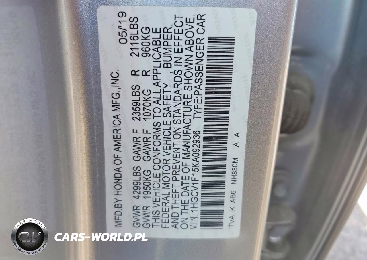 2019 Honda Accord Lx VIN:1HGCV1F15KA092936 - 12