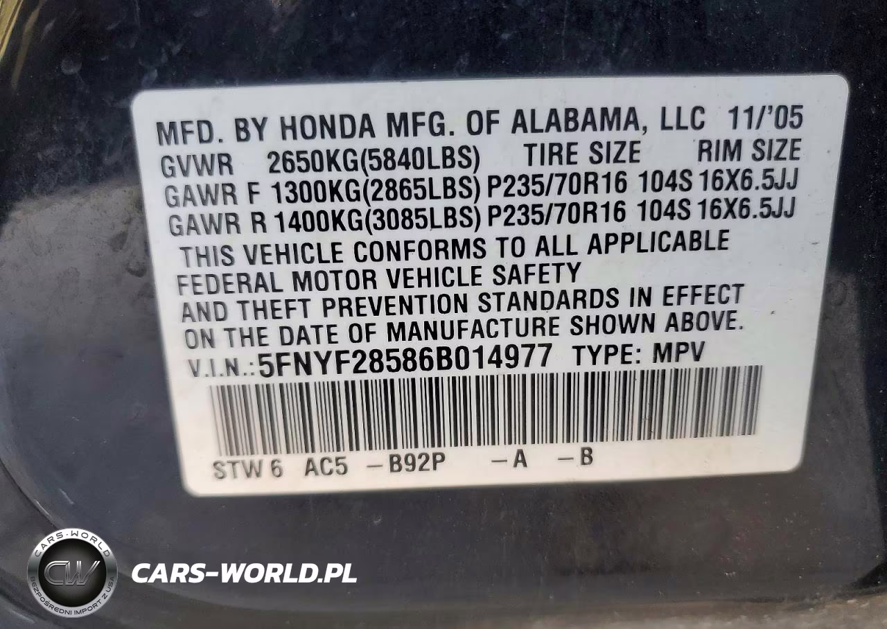2006 Honda Pilot Ex VIN:5FNYF28586B014977 - 13