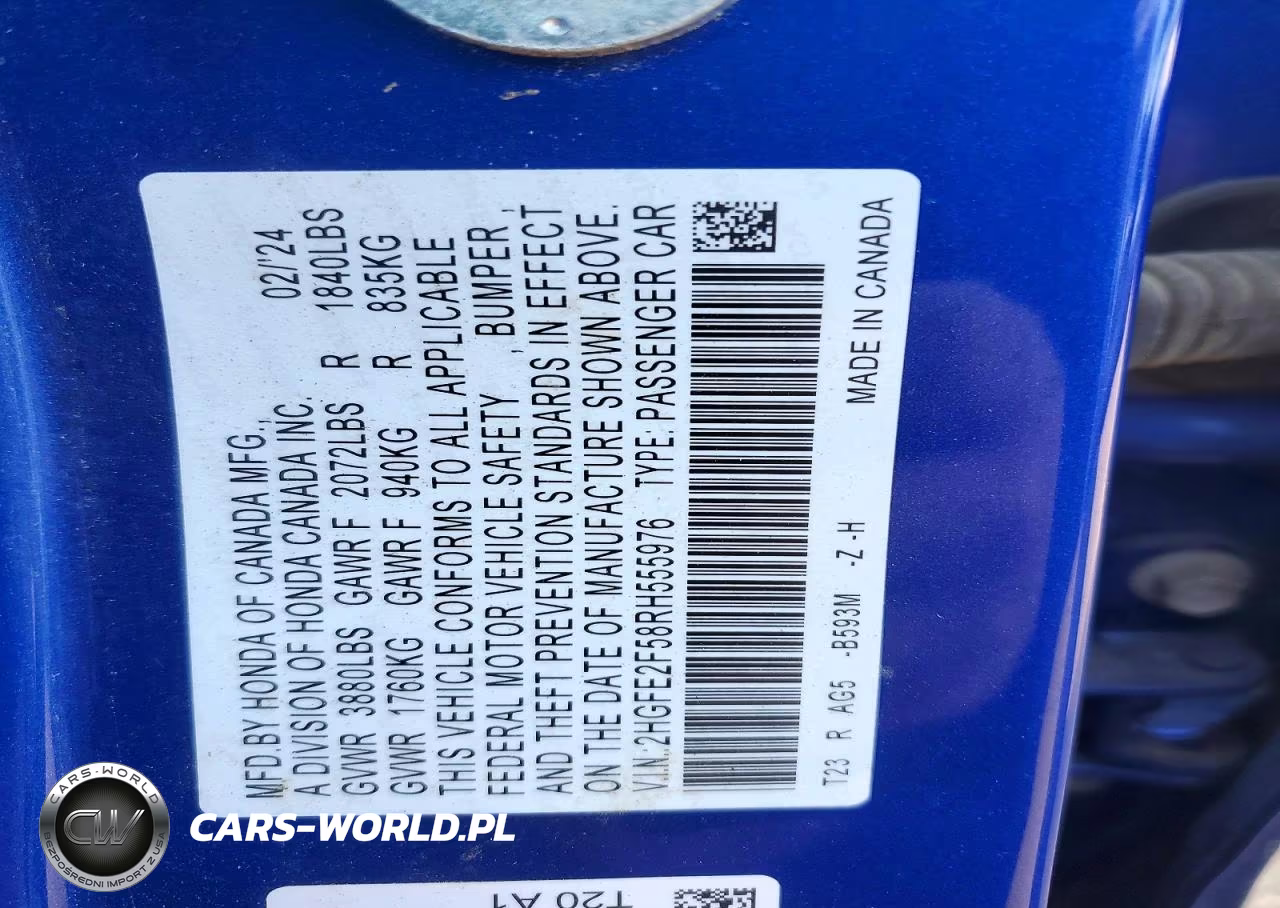 2024 Honda Civic Sport VIN:2HGFE2F58RH555976 - 12