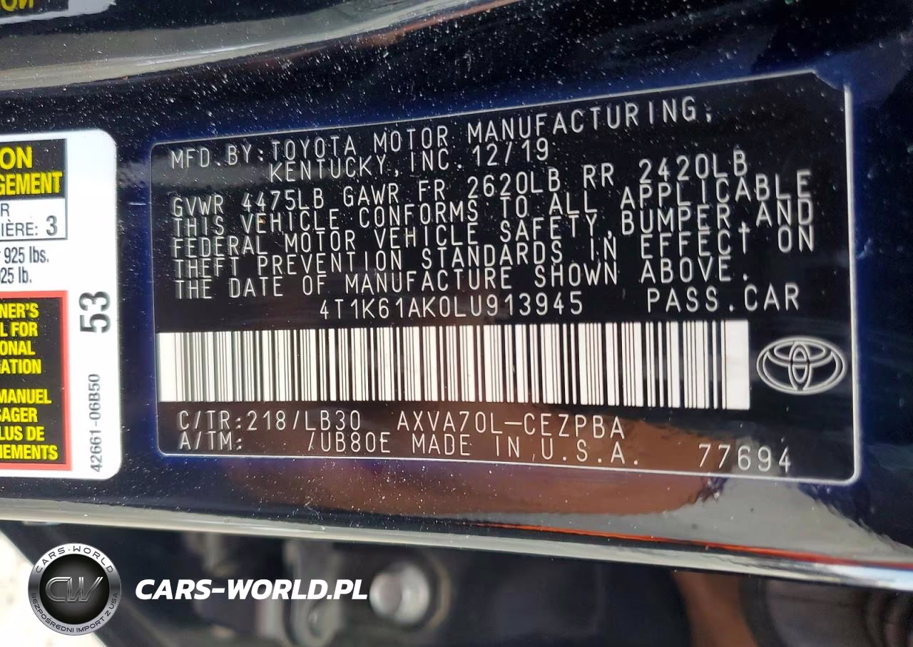 2020 Toyota Camry Xse VIN:4T1K61AK0LU913945 - 12