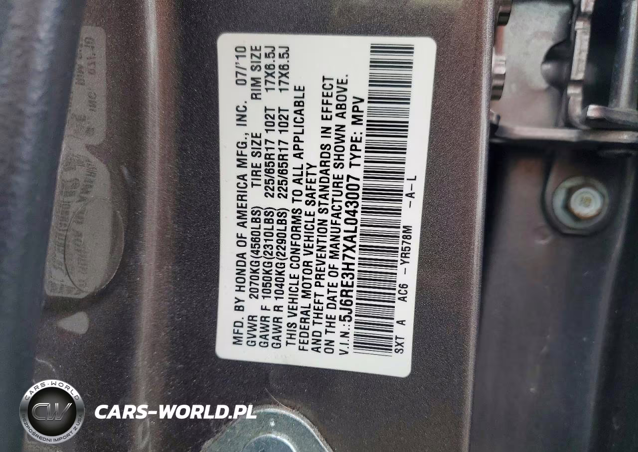 2010 Honda Cr-V Exl VIN:5J6RE3H7XAL043007 - 13