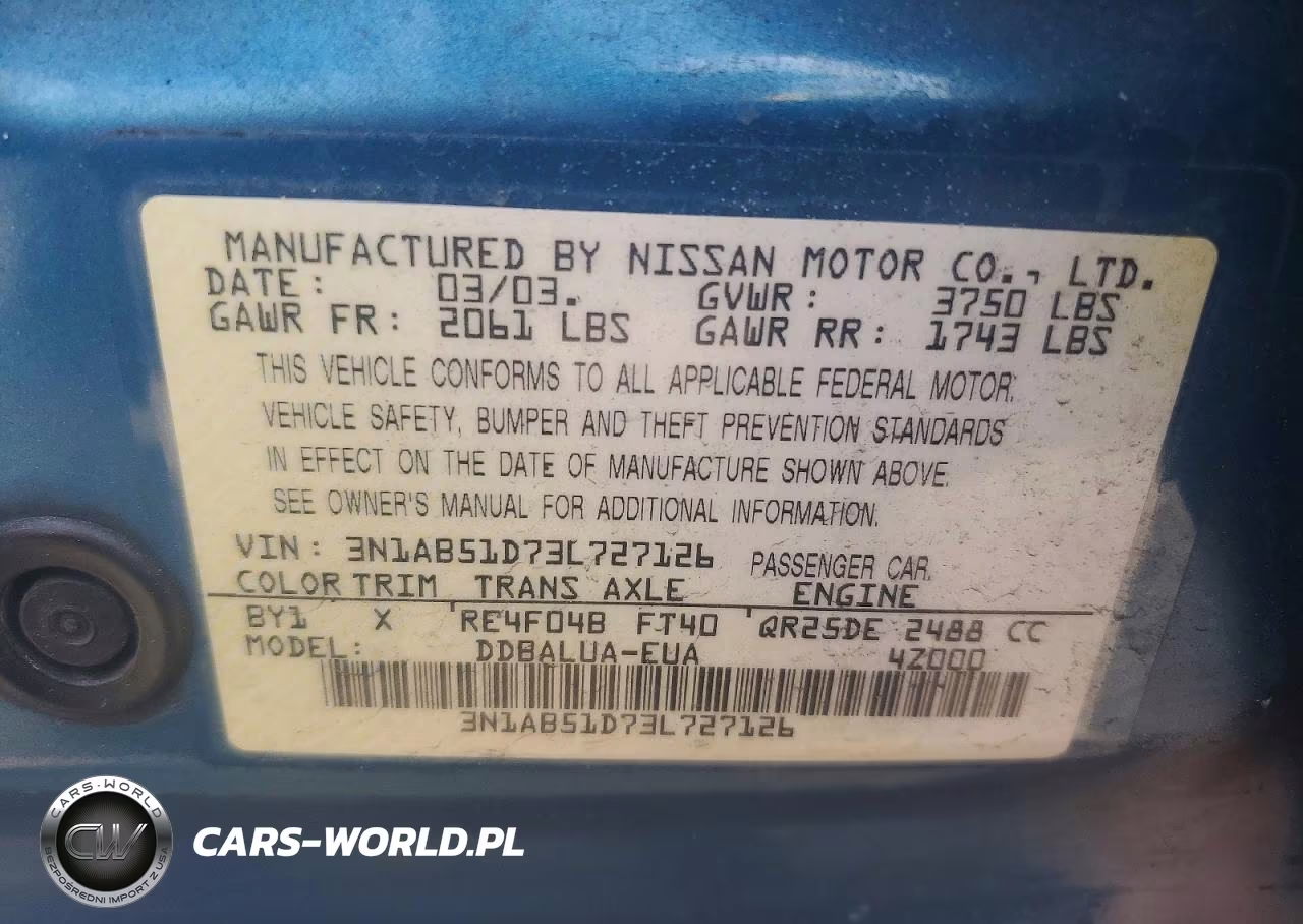 2003 Nissan Sentra Se-R Spec V VIN:3N1AB51D73L727126 - 13