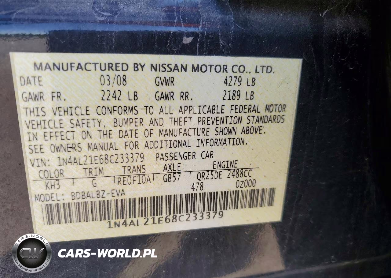 2008 Nissan Altima 2.5 VIN:1N4AL21E68C233379 - 12