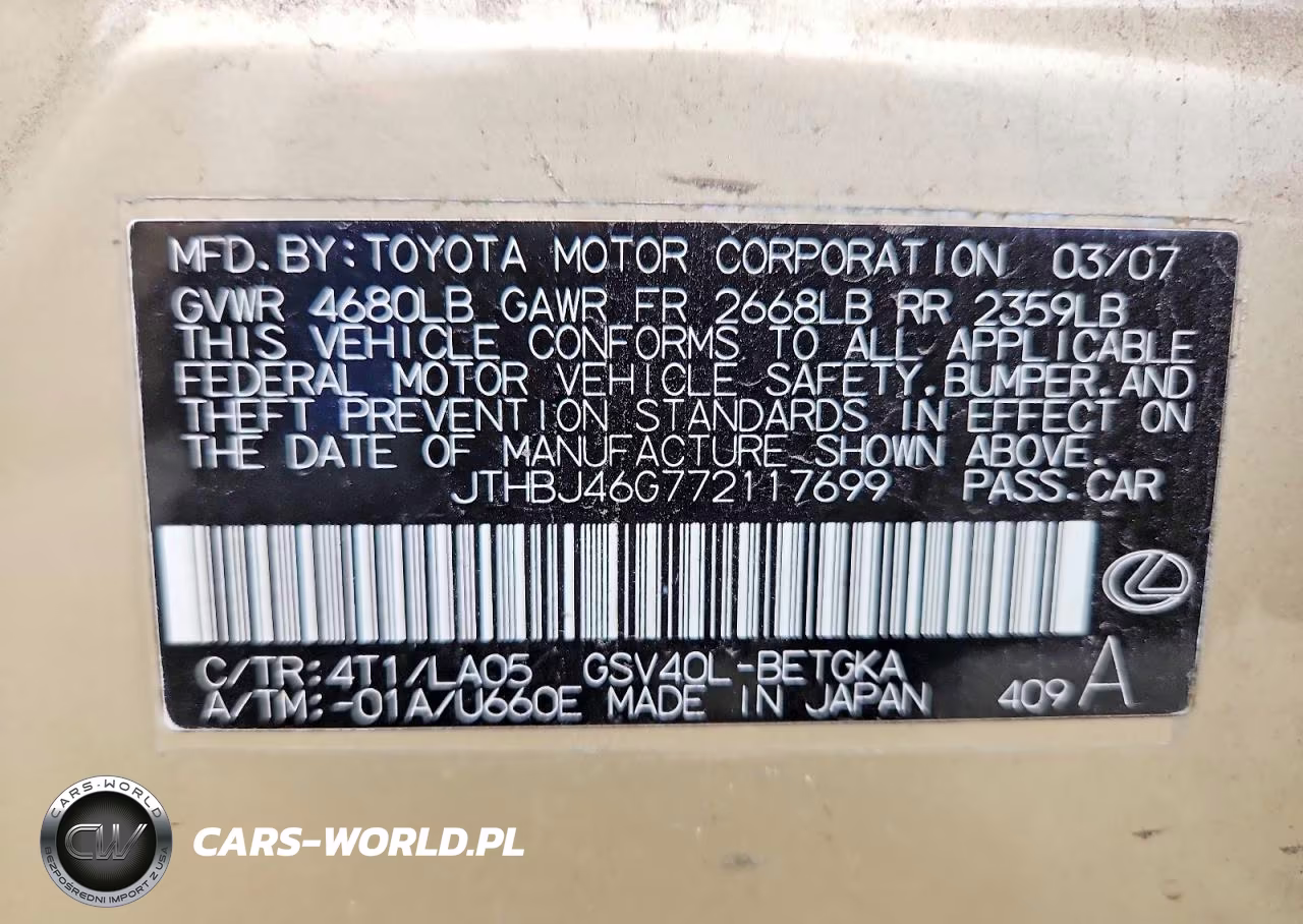 2007 Lexus Es 350 VIN:JTHBJ46G772117699 - 13