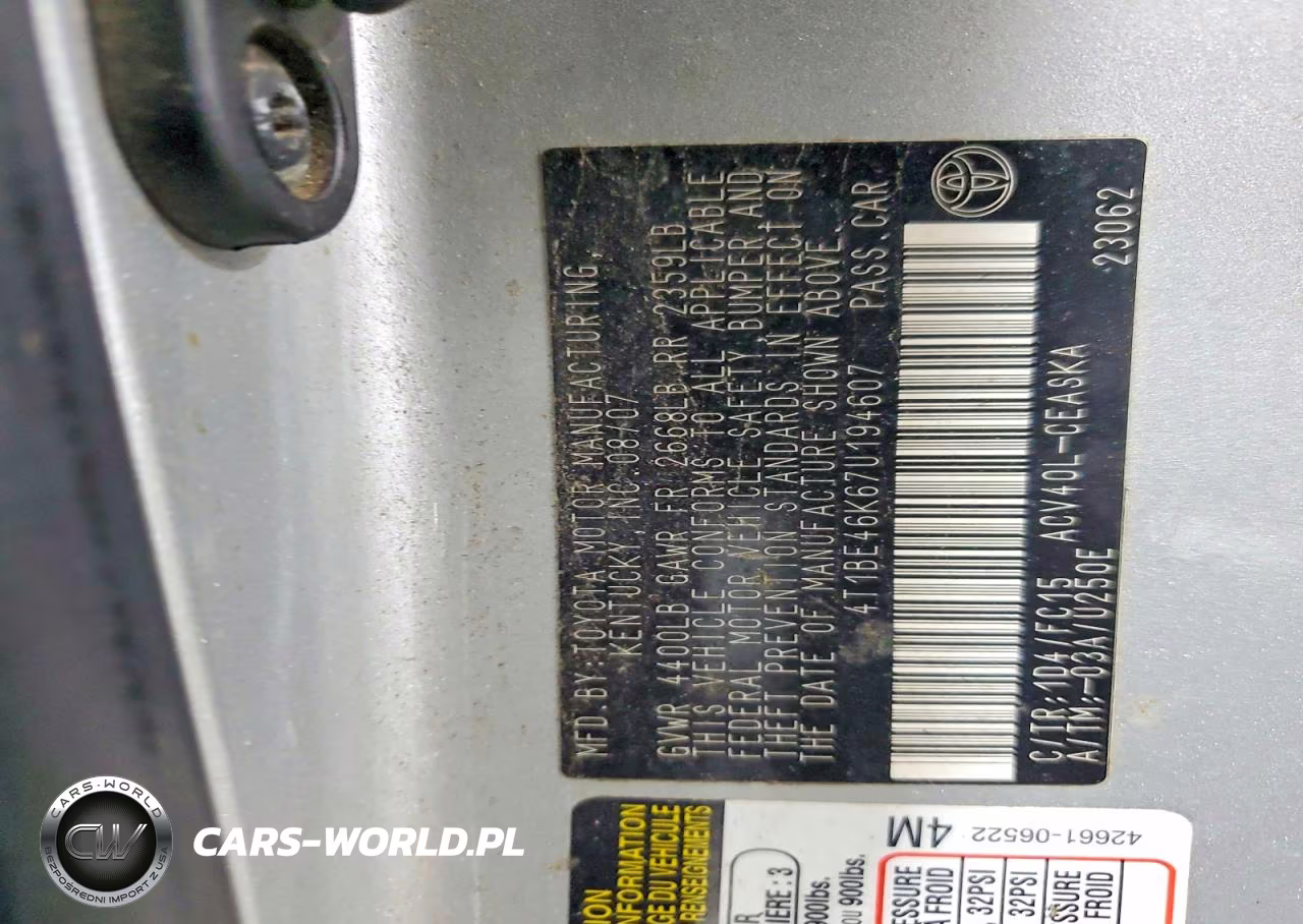 2007 Toyota Camry Se VIN:4T1BE46K67U194607 - 12