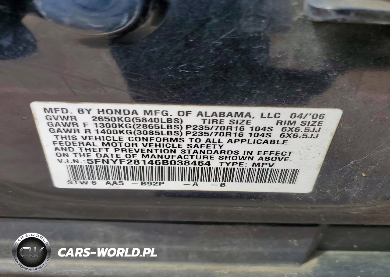 2006 Honda Pilot Lx VIN:5FNYF28146B038464 - 13