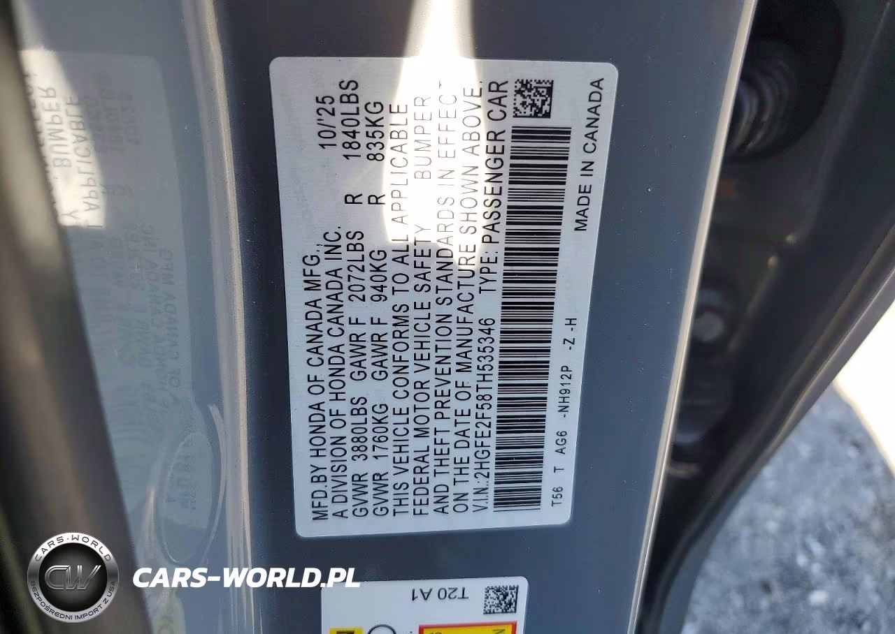 2026 Honda Civic Sport VIN:2HGFE2F58TH535346 - 12