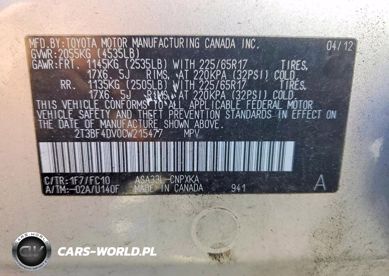 2012 Toyota Rav4 Base VIN:2T3BF4DV0CW215477 - 13