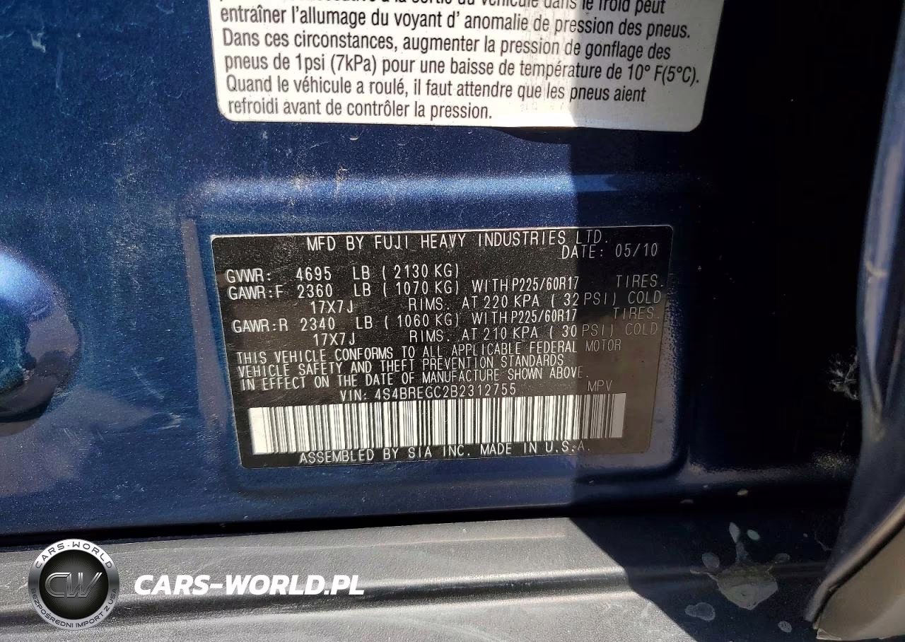 2011 Suba Outback 3.6R VIN:4S4BREGC2B2312755 - 10