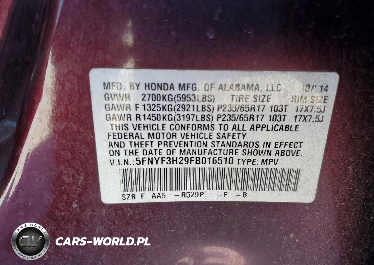2015 Honda Pilot Lx VIN:5FNYF3H29FB016510 - 12