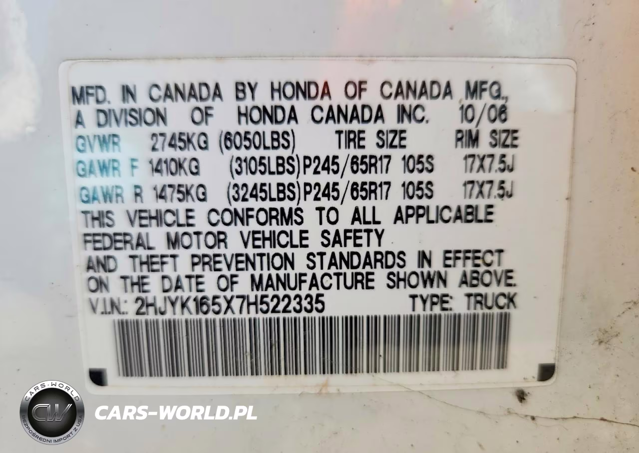 2007 Honda Ridgeline Rtl VIN:2HJYK165X7H522335 - 12