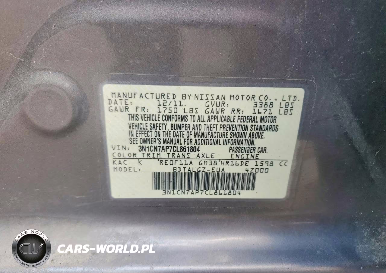 2012 Nissan Versa 1.6 S VIN:3N1CN7AP7CL861804 - 12
