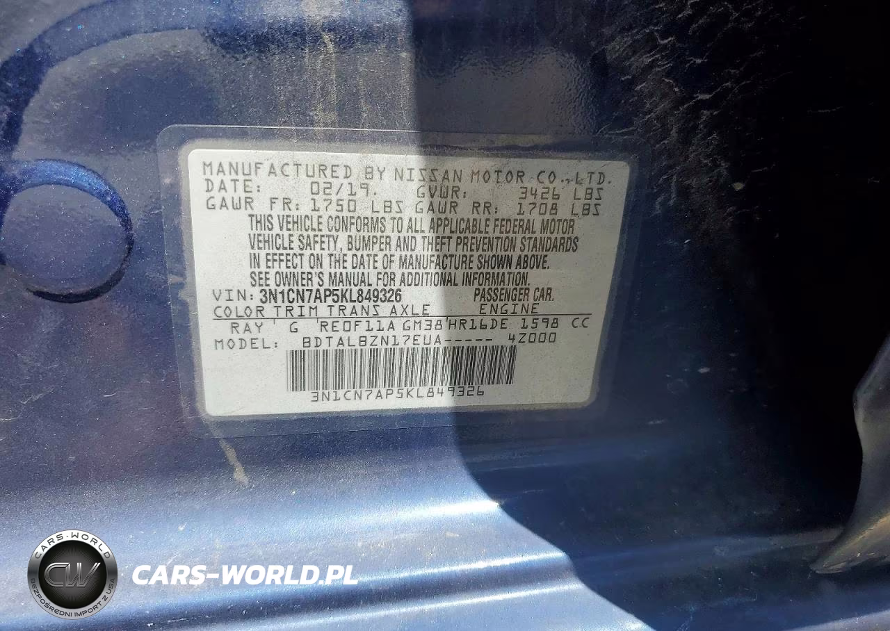 2019 Nissan Versa Sv VIN:3N1CN7AP5KL849326 - 12