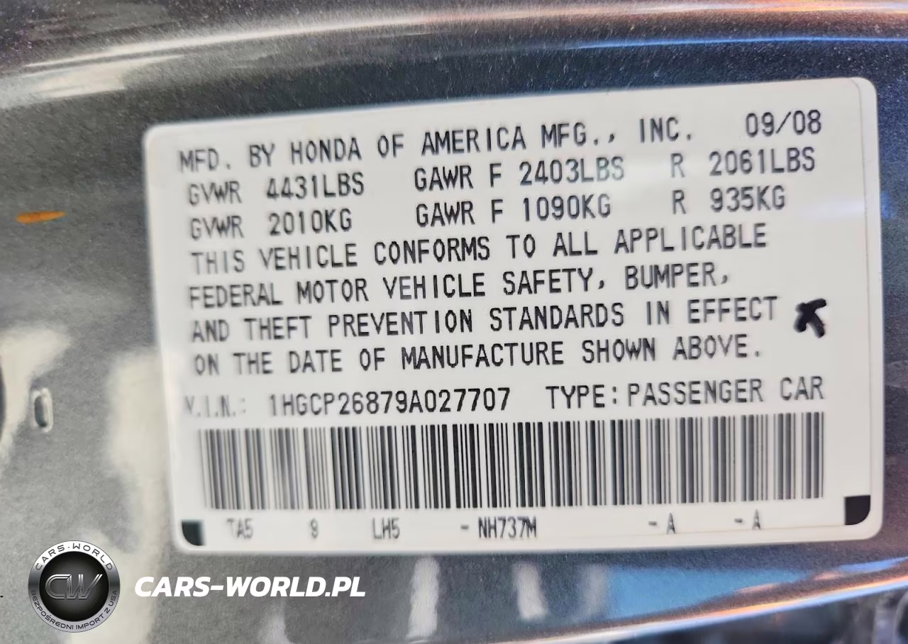 2009 Honda Accord Exl VIN:1HGCP26879A027707 - 12