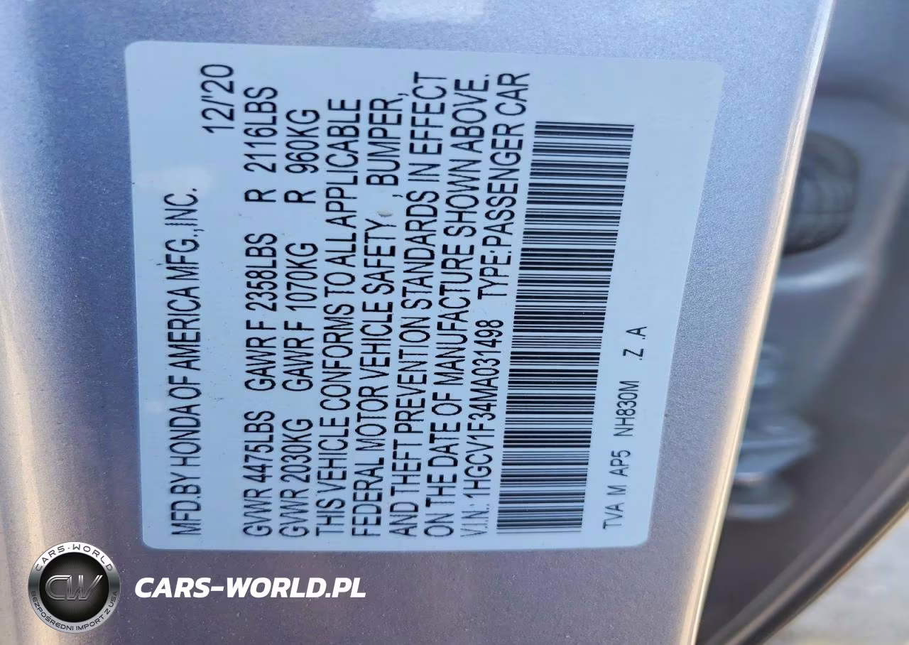2021 Honda Accord Sport VIN:1HGCV1F34MA031498 - 12