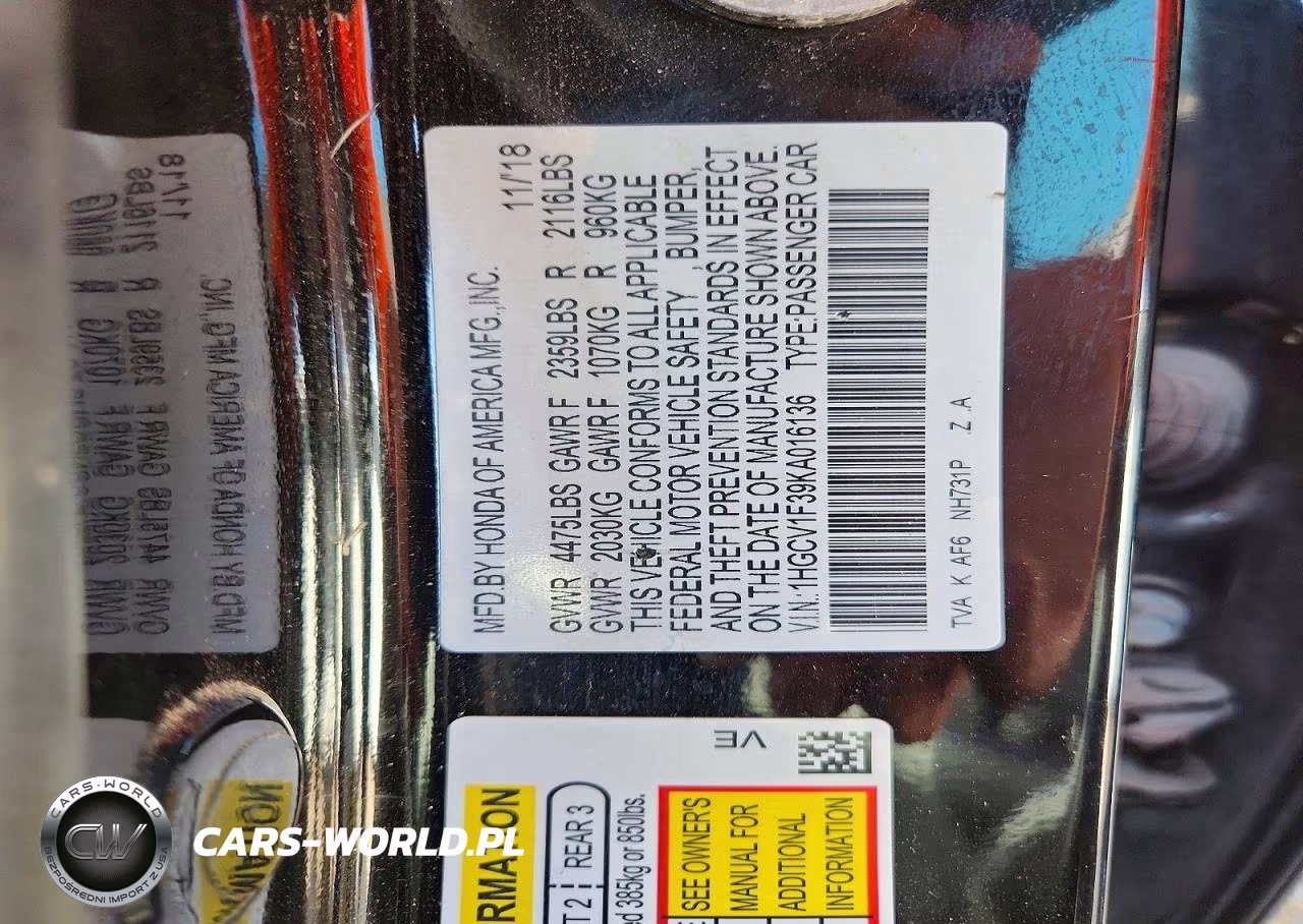 2019 Honda Accord Sport VIN:1HGCV1F39KA016136 - 12