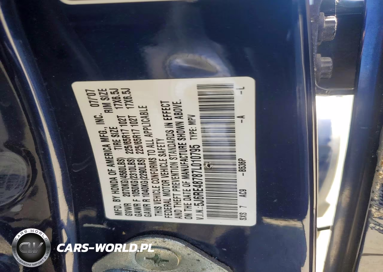 2007 Honda Cr-V Exl VIN:5J6RE48787L010795 - 13