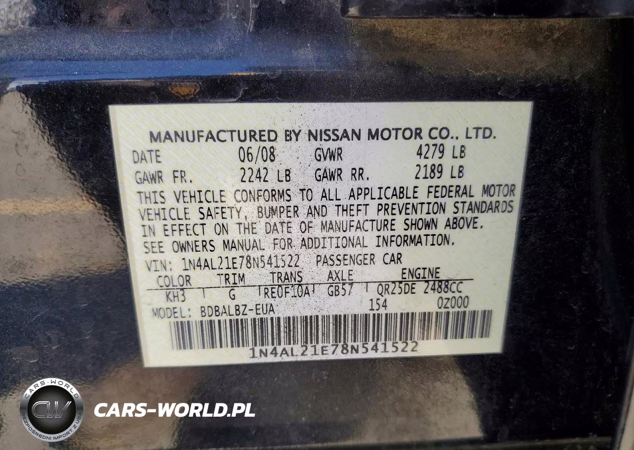 2008 Nissan Altima 2.5 VIN:1N4AL21E78N541522 - 12