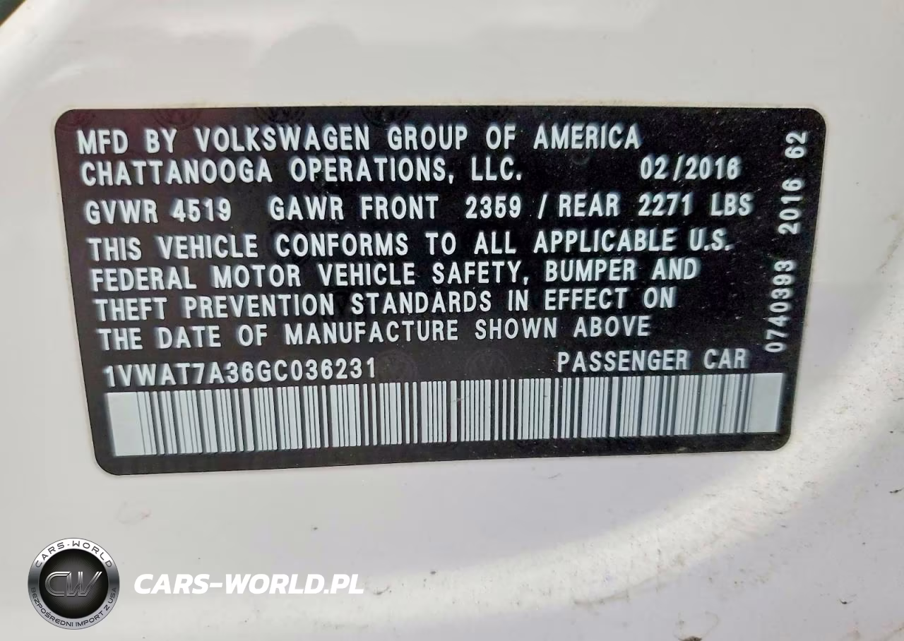 2016 Volkswagen Passat S VIN:1VWAT7A36GC036231 - 12