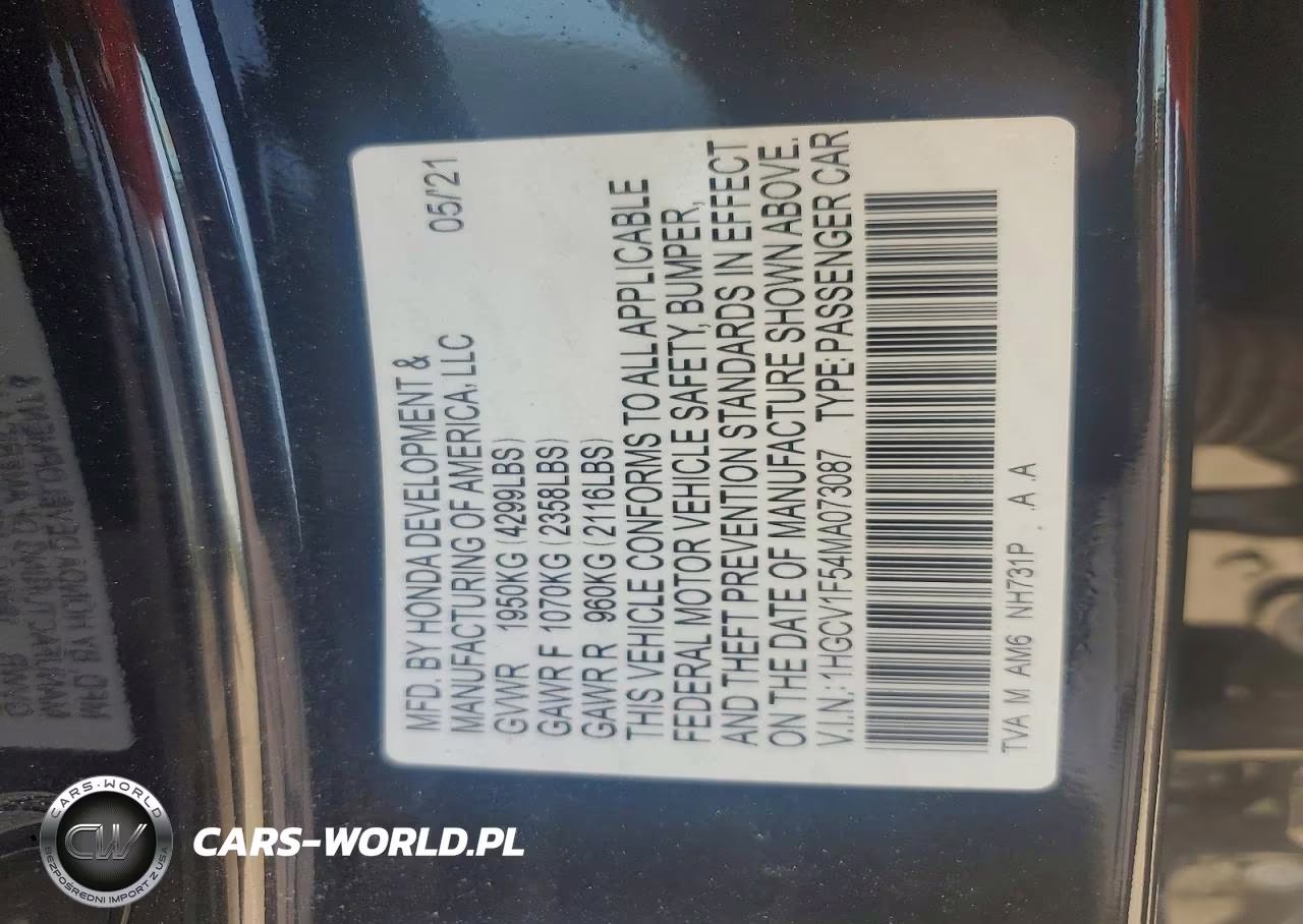 2021 Honda Accord Exl VIN:1HGCV1F54MA073087 - 12