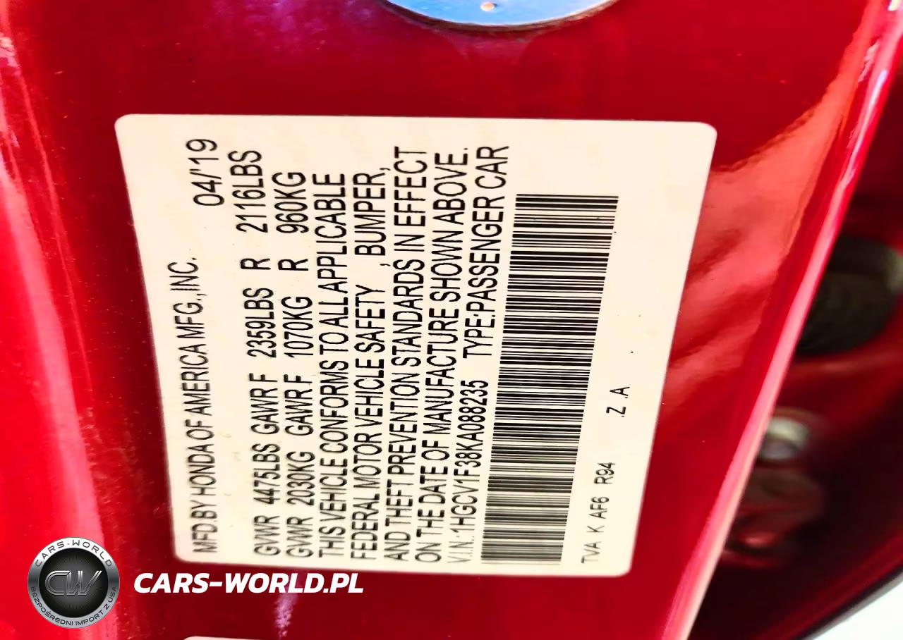 2019 Honda Accord Sport VIN:1HGCV1F38KA088235 - 12