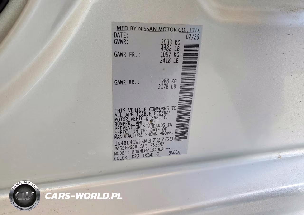 2025 Nissan Altima Sv VIN:1N4BL4DW1SN372769 - 12