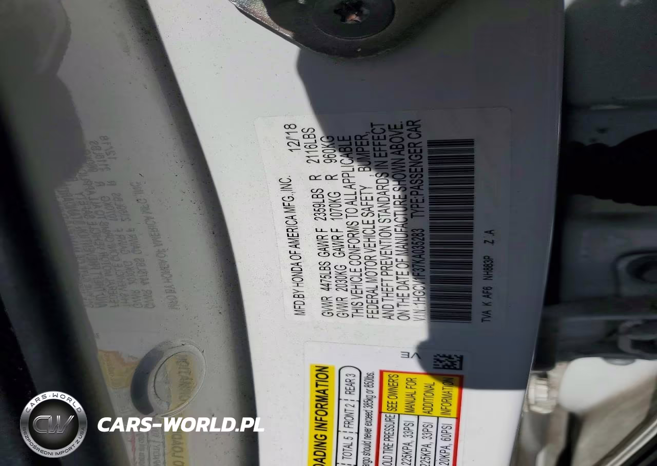 2019 Honda Accord Sport VIN:1HGCV1F37KA035283 - 12