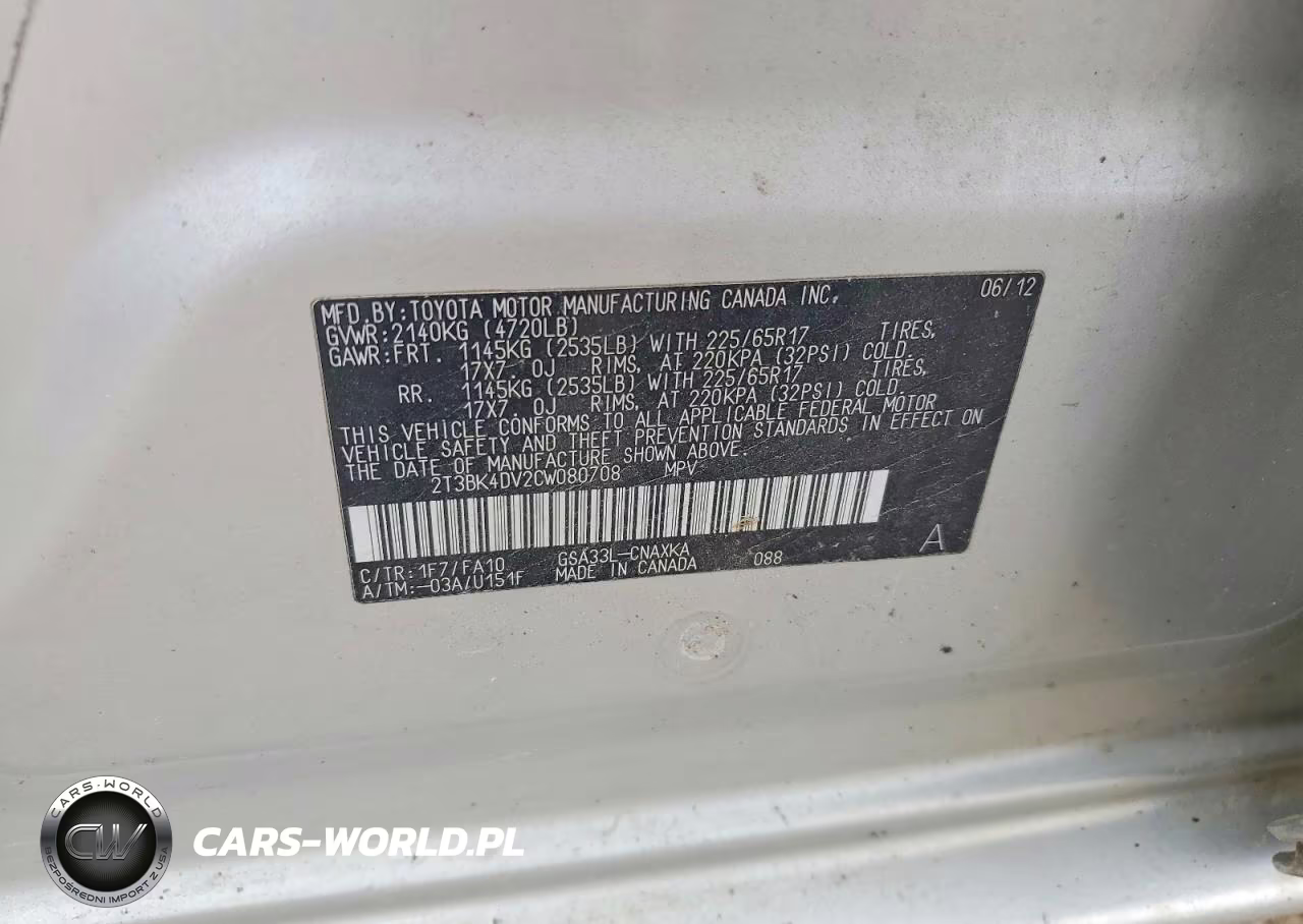 2012 Toyota Rav4 Base VIN:2T3BK4DV2CW080708 - 12