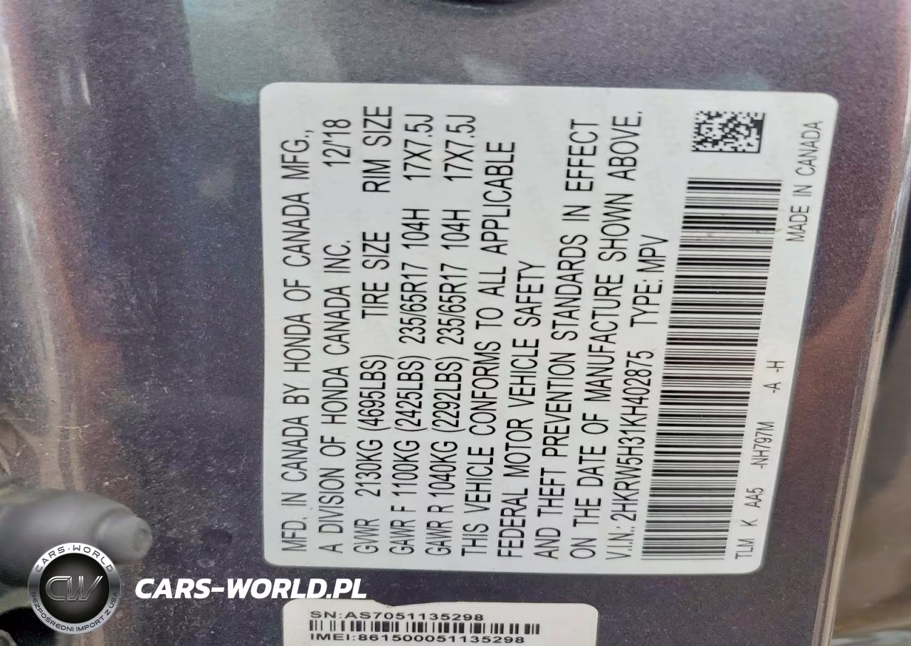 2019 Honda Cr-V Lx VIN:2HKRW5H31KH402875 - 13