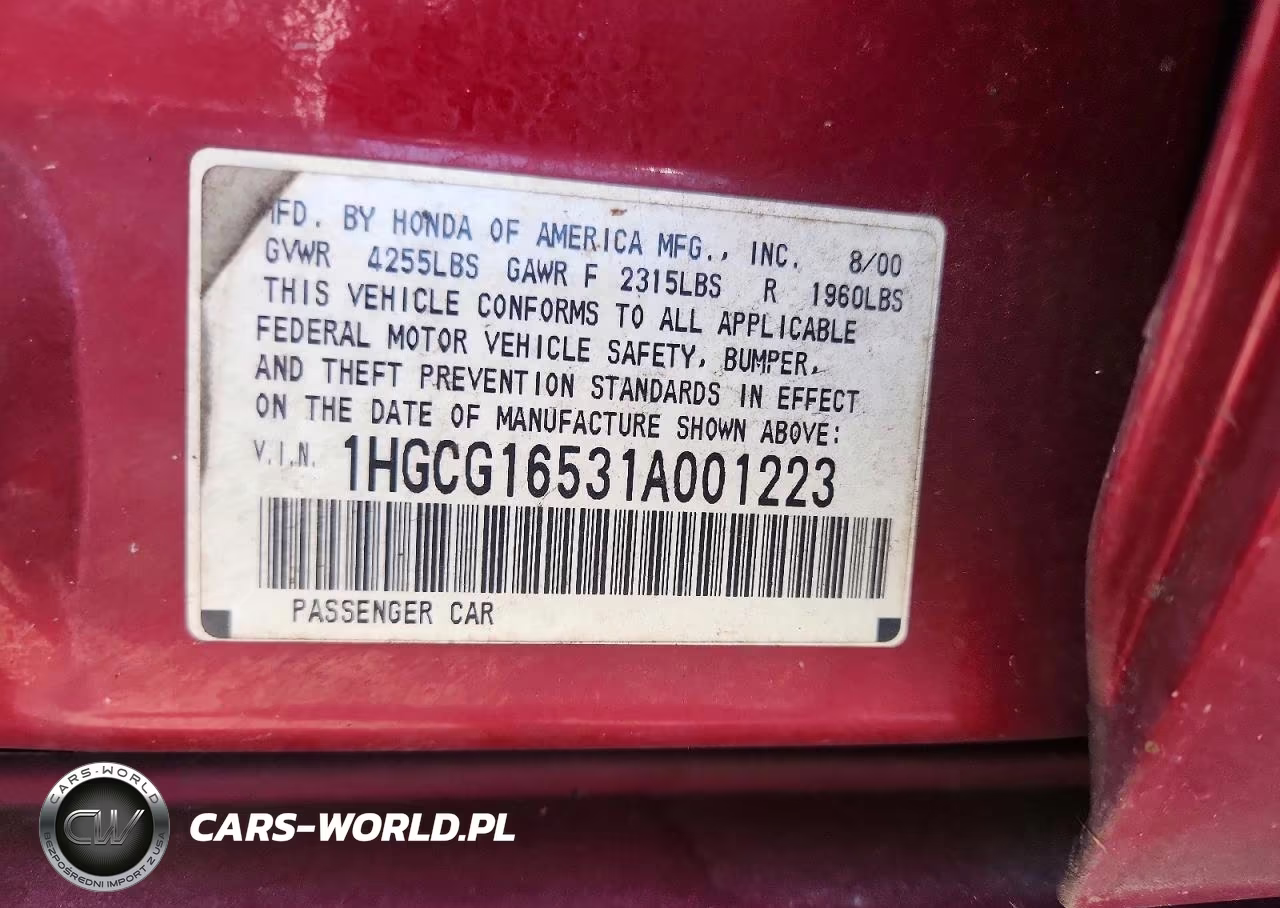 2001 Honda Accord Ex VIN:1HGCG16531A001223 - 12