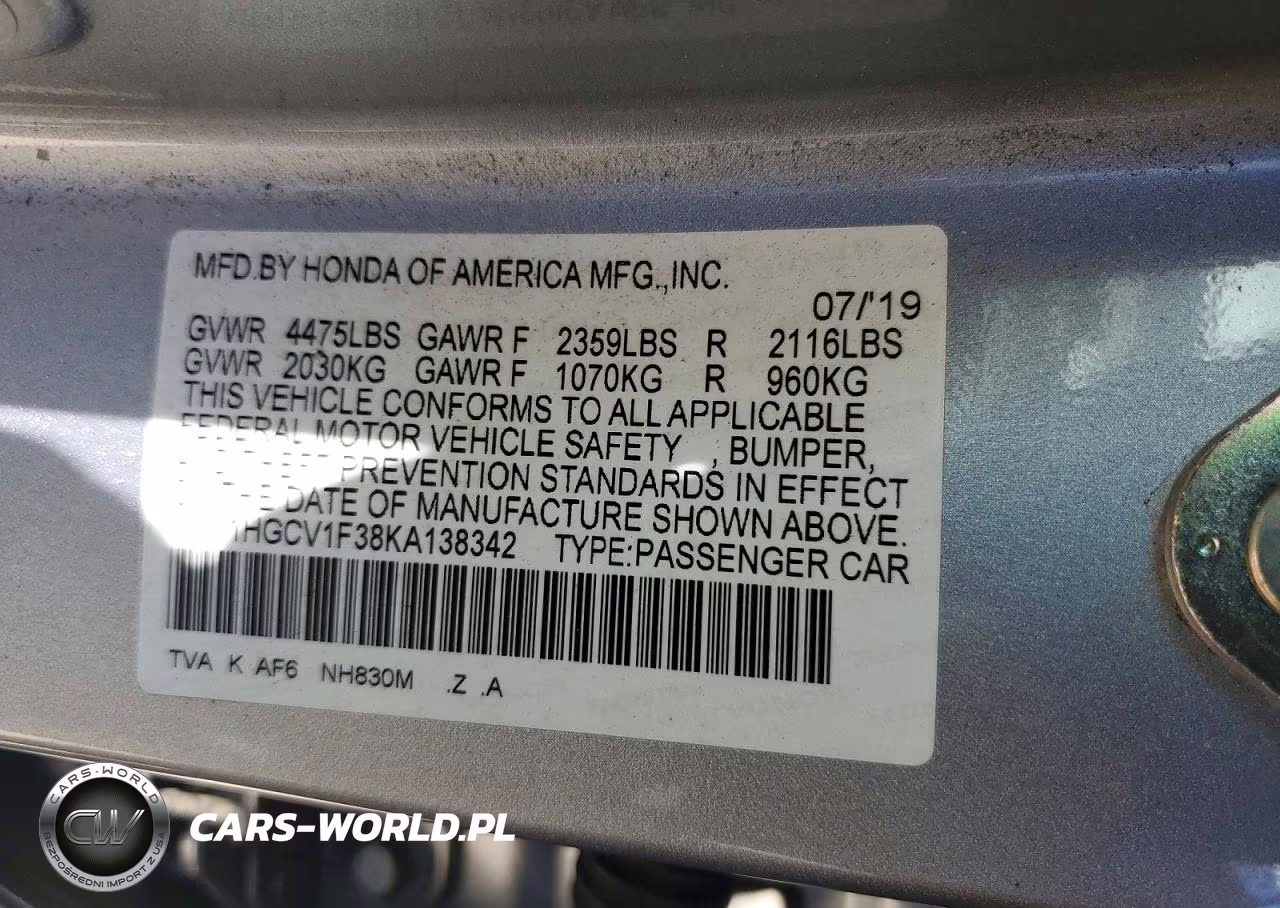 2019 Honda Accord Sport VIN:1HGCV1F38KA138342 - 12