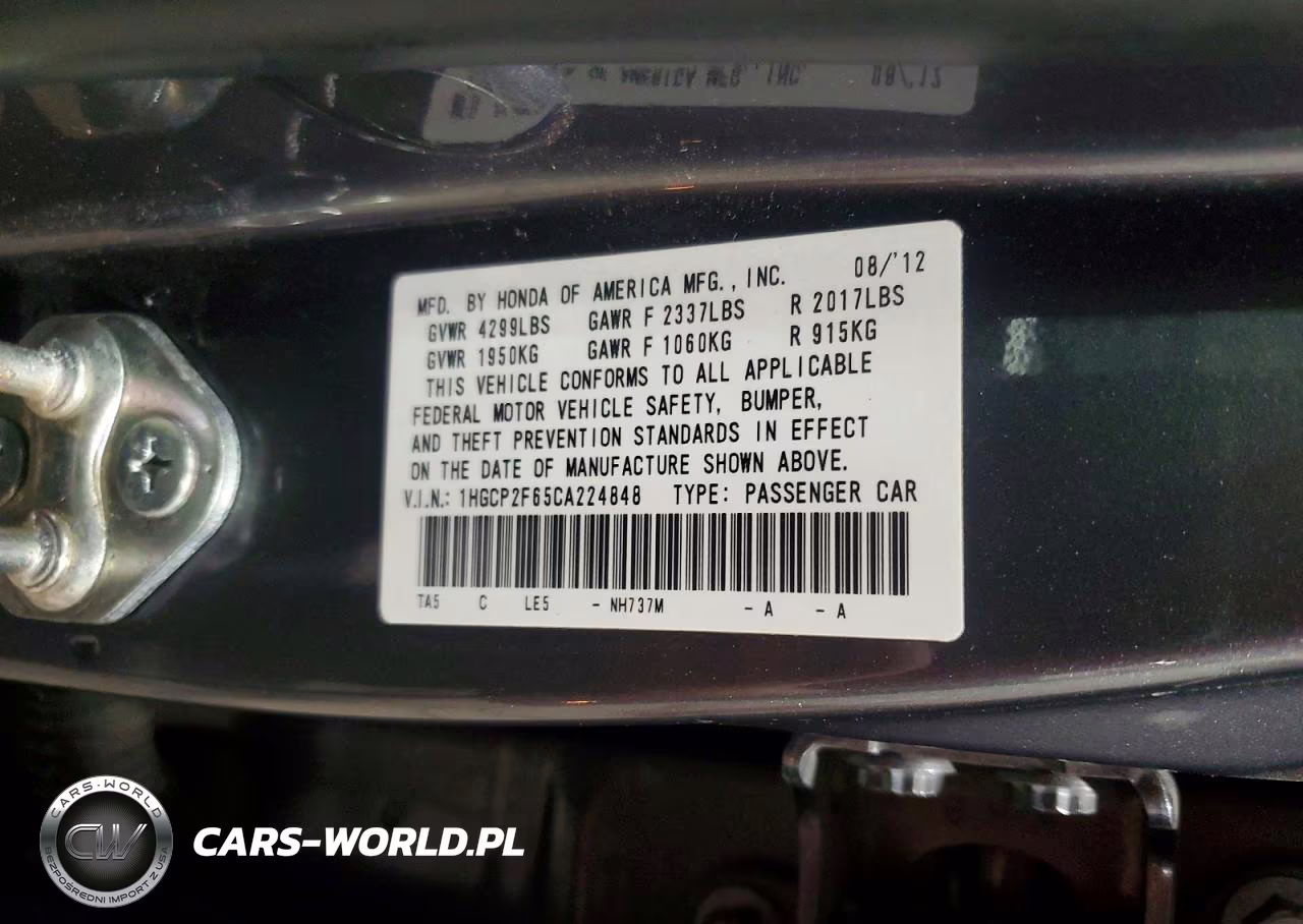2012 Honda Accord Se VIN:1HGCP2F65CA224848 - 12