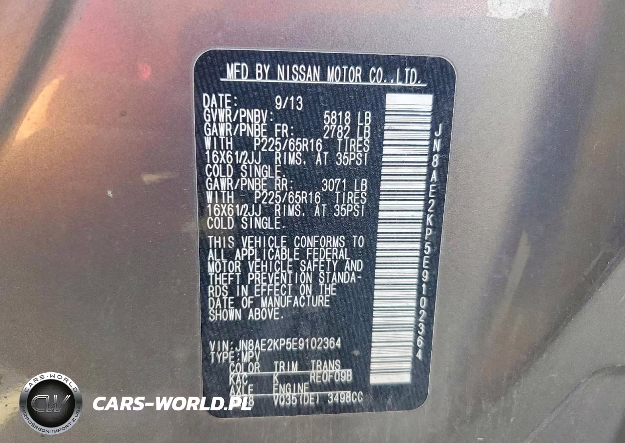 2014 Nissan Quest 3.5 S VIN:JN8AE2KP5E9102364 - 13