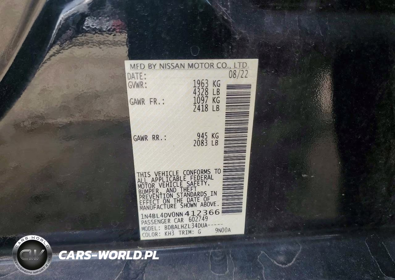 2022 Nissan Altima Sv VIN:1N4BL4DV0NN412366 - 12