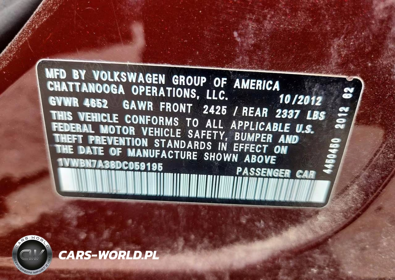 2013 Volkswagen Passat Se VIN:1VWBN7A38DC059195 - 12