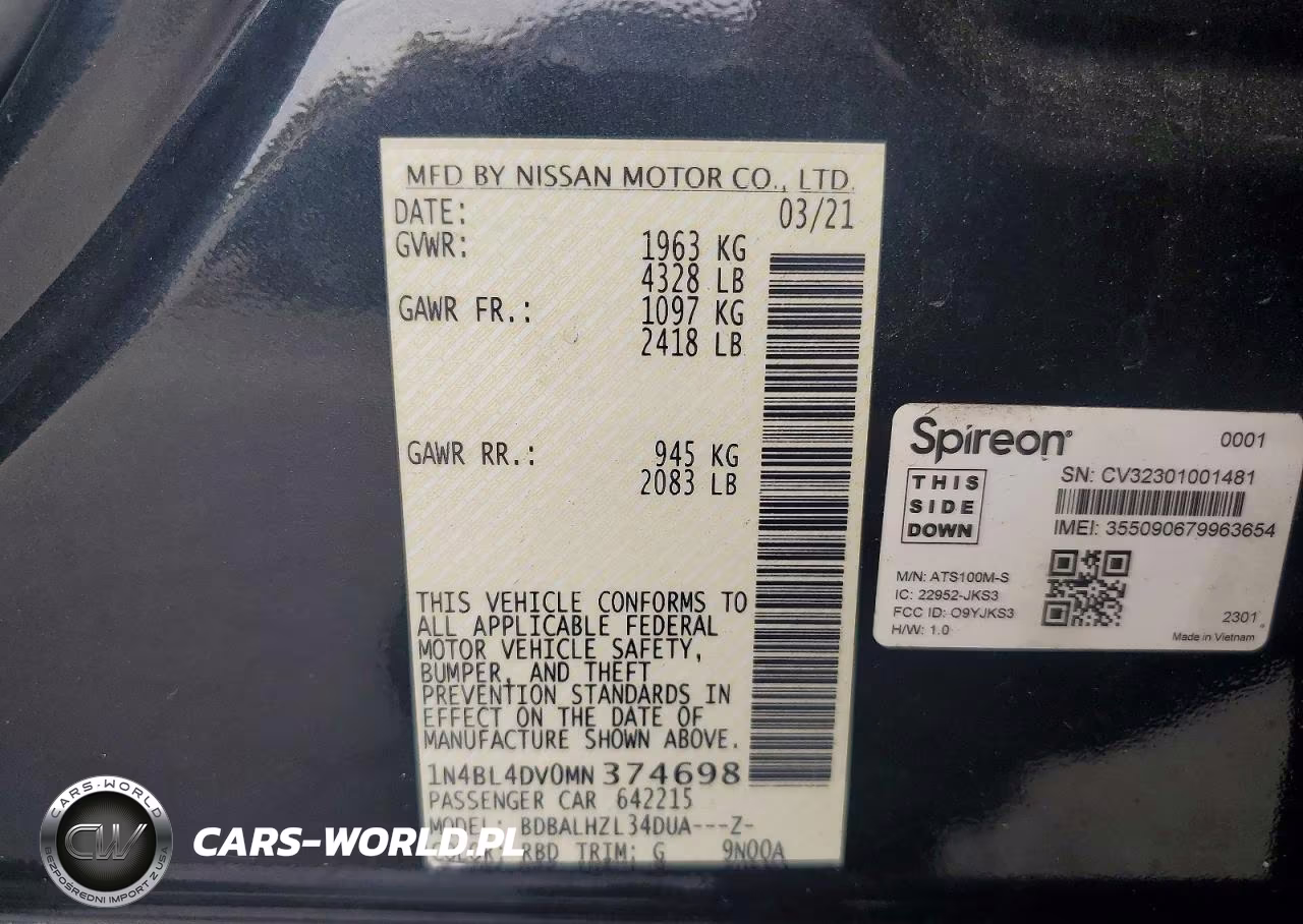 2021 Nissan Altima Sv VIN:1N4BL4DV0MN374698 - 12
