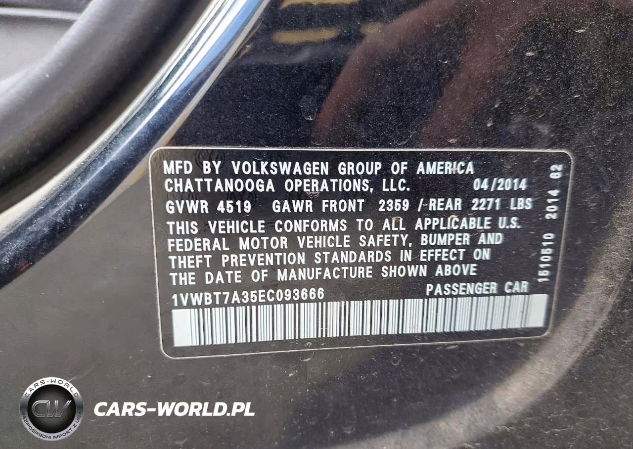 2014 Volkswagen Passat Se VIN:1VWBT7A35EC093666 - 12