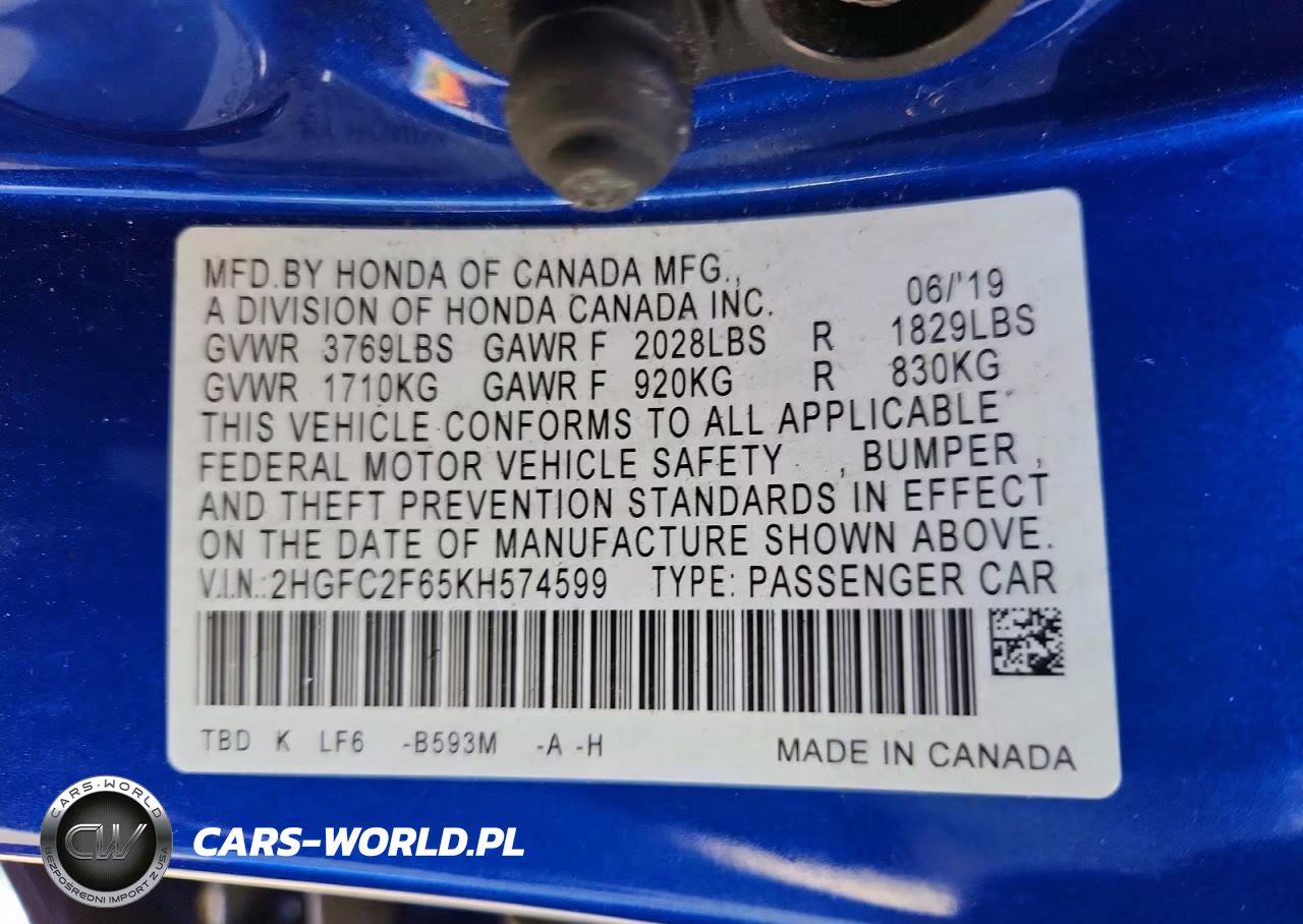 2019 Honda Civic Lx VIN:2HGFC2F65KH574599 - 12