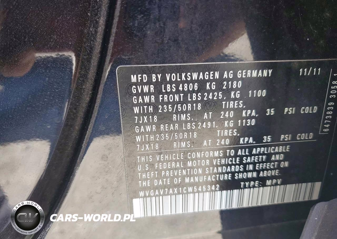 2012 Volkswagen Tiguan S VIN:WVGAV7AX1CW545342 - 13