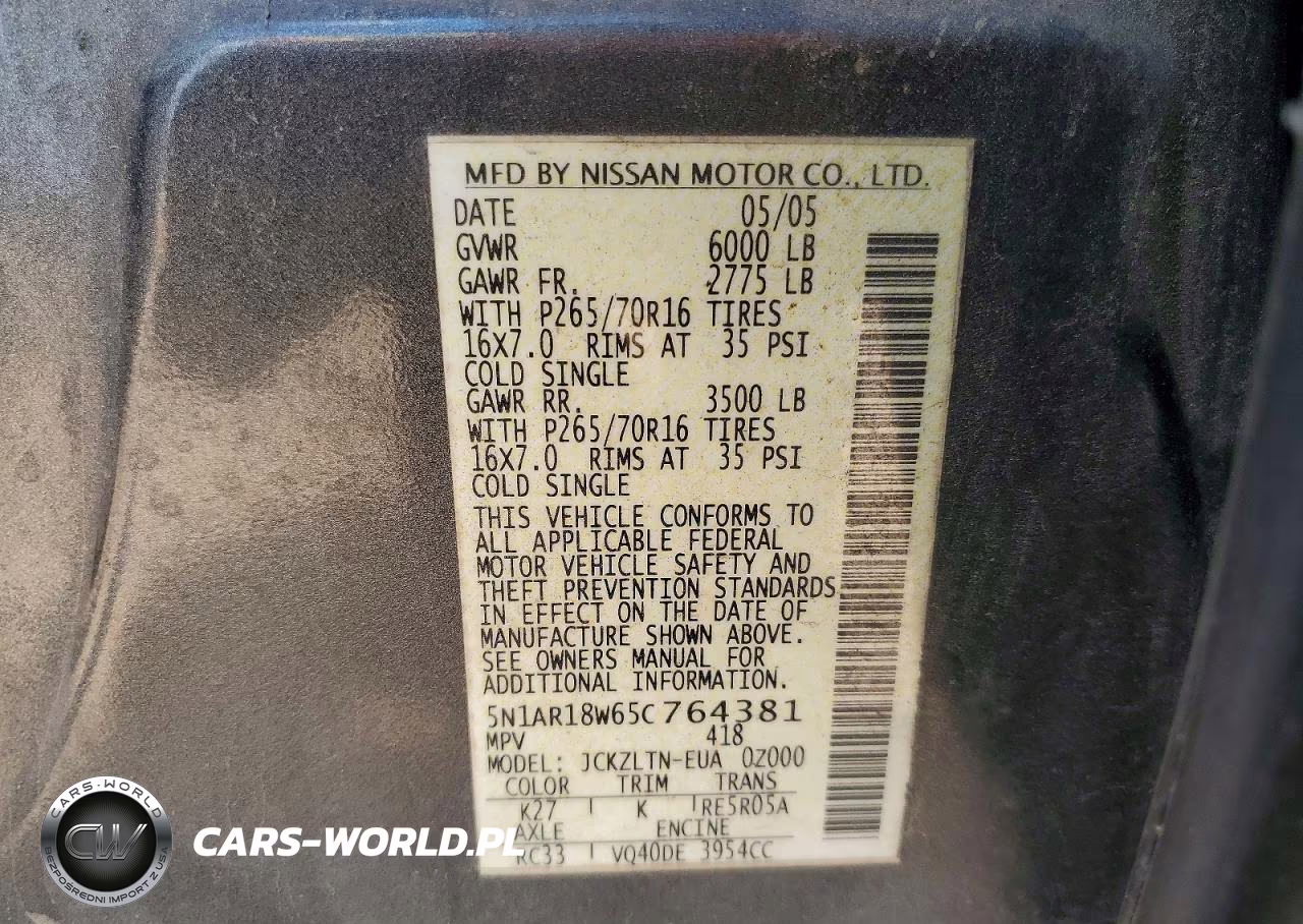 2005 Nissan Pathfinder Xe VIN:5N1AR18W65C764381 - 13