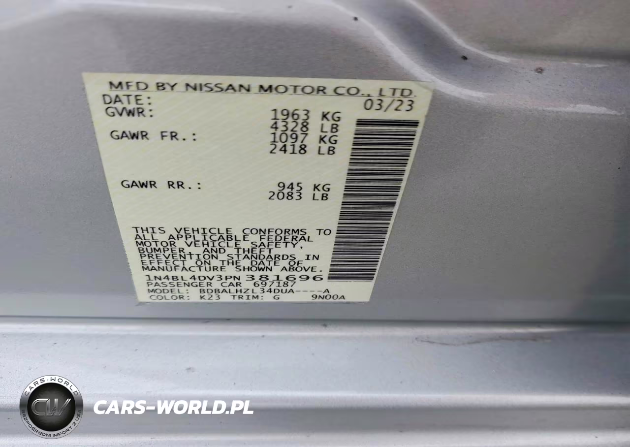 2023 Nissan Altima Sv VIN:1N4BL4DV3PN381696 - 12
