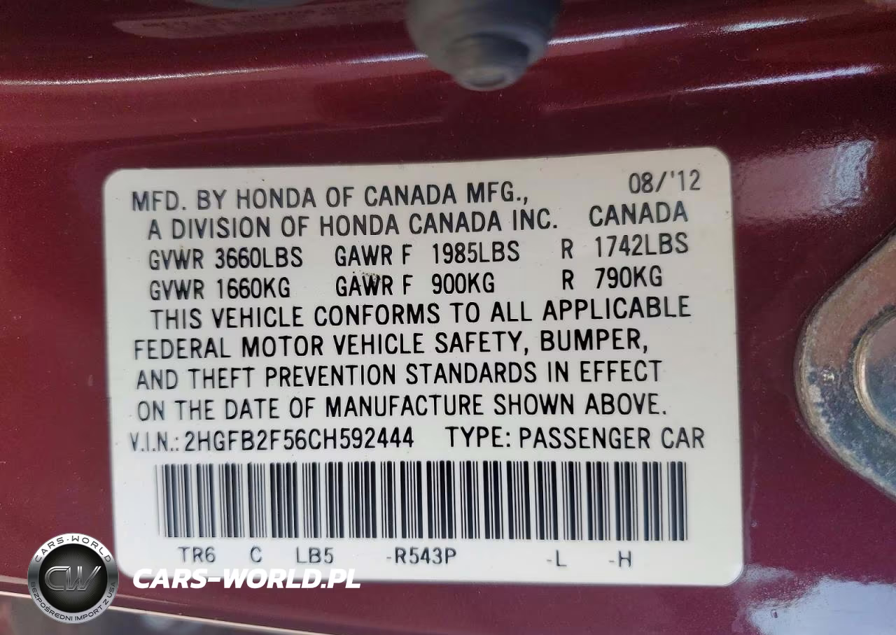 2012 Honda Civic Lx VIN:2HGFB2F56CH592444 - 12