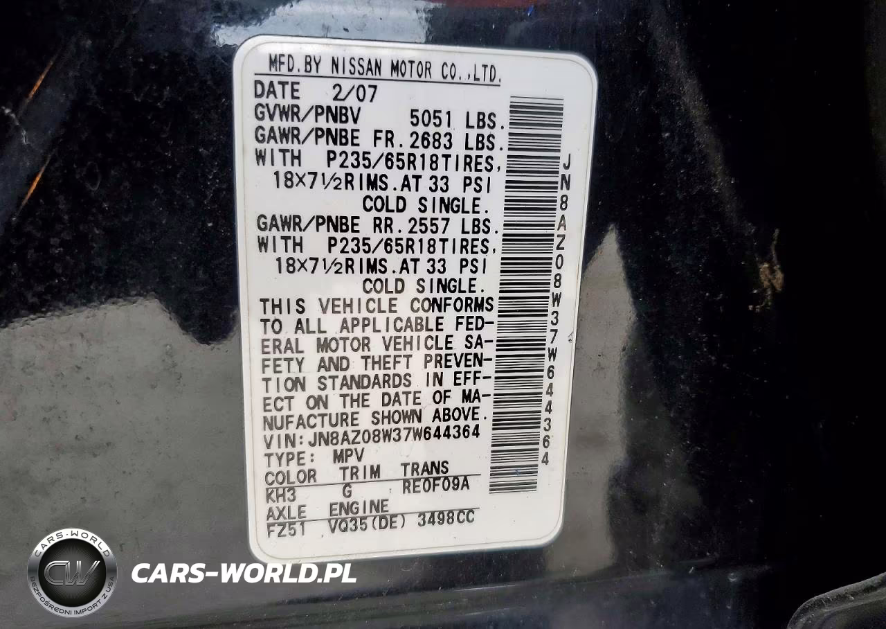 2007 Nissan Murano S VIN:JN8AZ08W37W644364 - 13