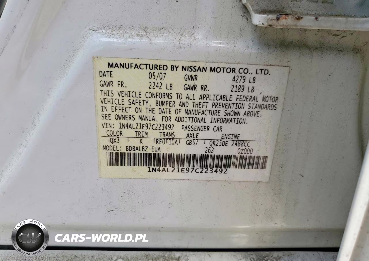 2007 Nissan Altima 2.5 VIN:1N4AL21E97C223492 - 12