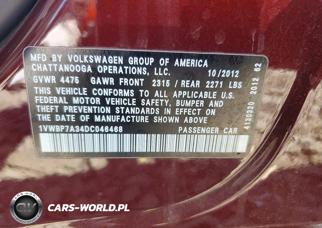 2013 Volkswagen Passat Se VIN:1VWBP7A34DC046468 - 12