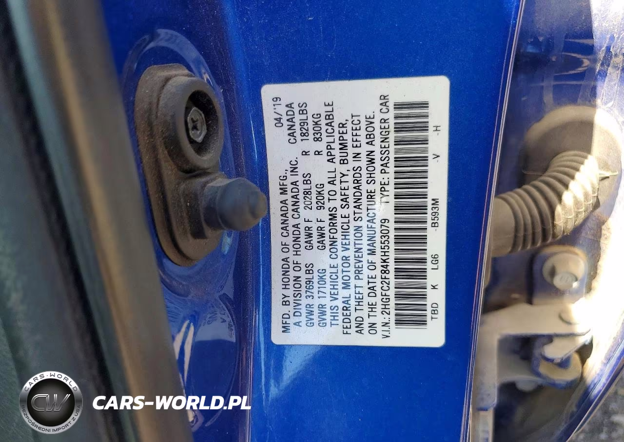 2019 Honda Civic Sport VIN:2HGFC2F84KH553079 - 12