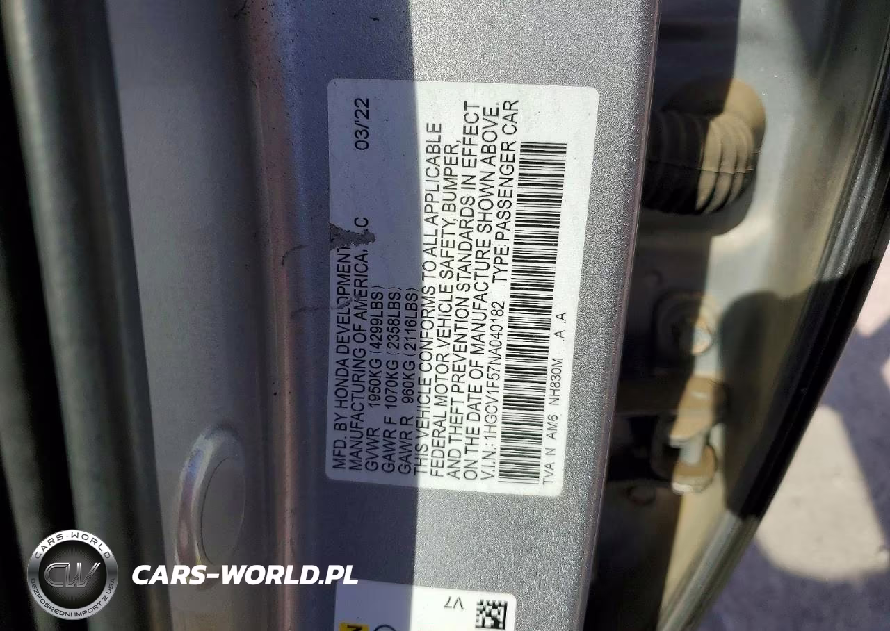 2022 Honda Accord Exl VIN:1HGCV1F57NA040182 - 12