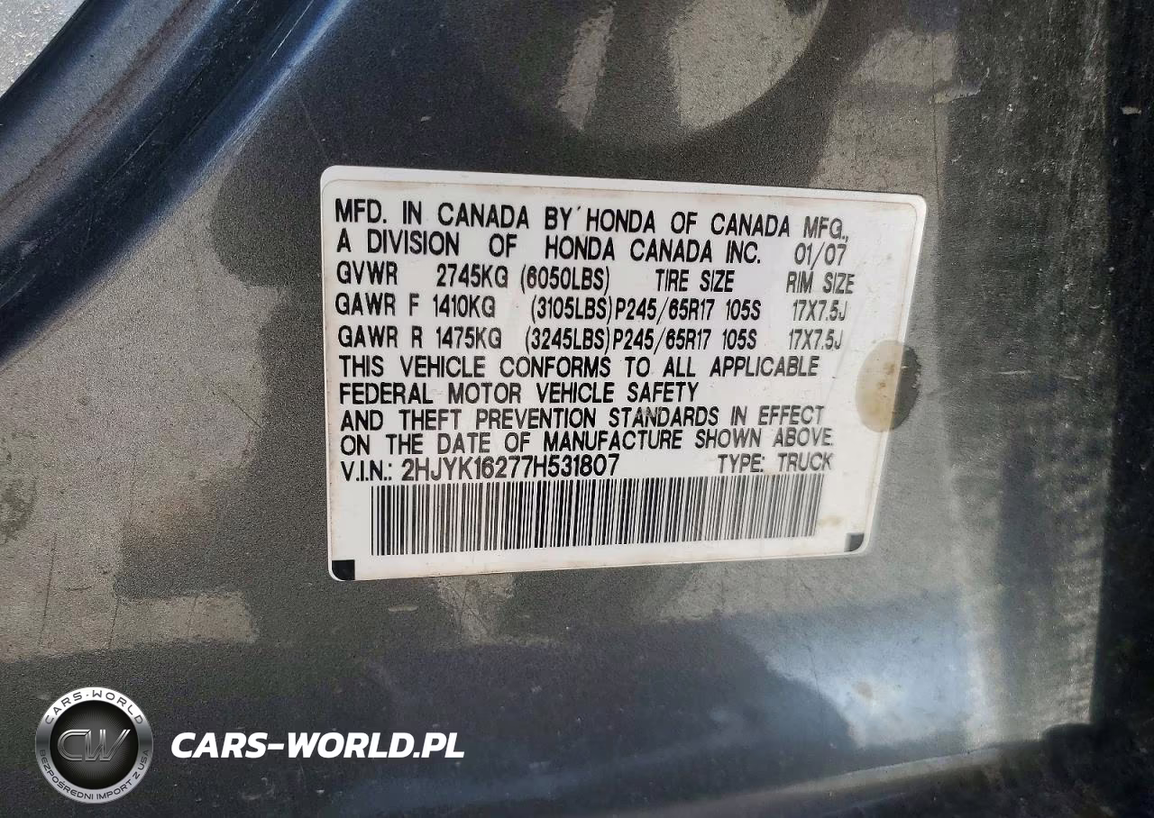 2007 Honda Ridgeline Rt VIN:2HJYK16277H531807 - 12