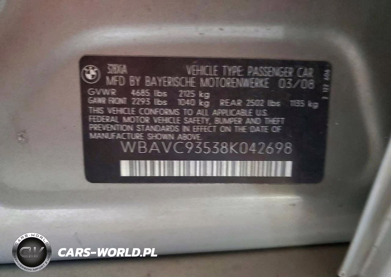 2008 BMW 328 Xi VIN:WBAVC93538K042698 - 12
