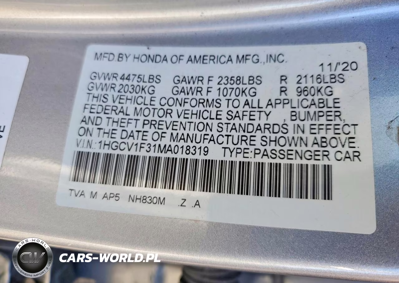 2021 Honda Accord Sport VIN:1HGCV1F31MA018319 - 12